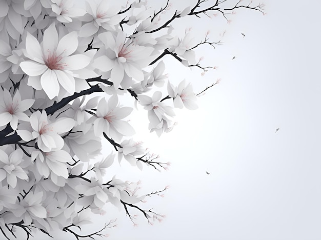 White spring background with flowers and blossoming tree ai generative