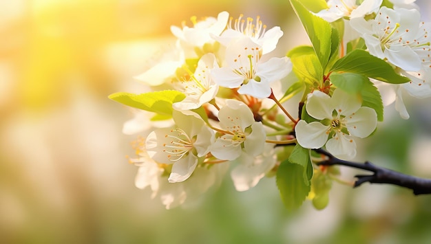 White Spring Blossoms and Flowers on Green Background Light and Color Effects