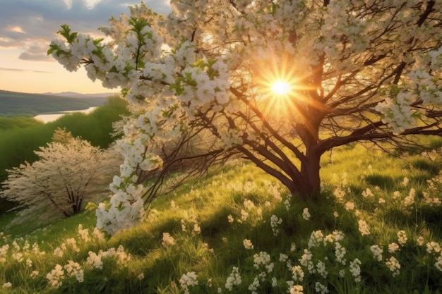 White spring flowering trees on a background of a green hill which is highlighted by the setting sun