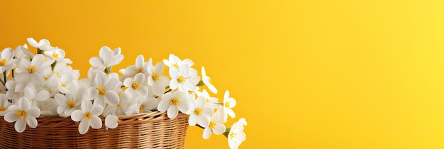 White Spring Flowers in a Basket on a Yellow Background Perfect Summer Concept with Copy Space