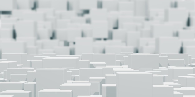 White square cube Graded with random boxes or columns, blurred background.