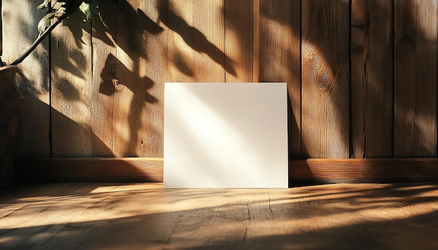 White Square Mockup on Wooden Wall with Sunlight and Shadows