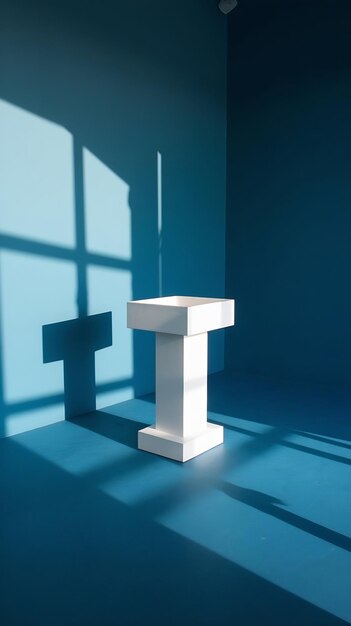 Photo white square podium in a blue room with a shadow on the wall from the window