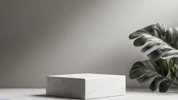 White square stand podium mockup placed next to a green plant on a table against a blank wall