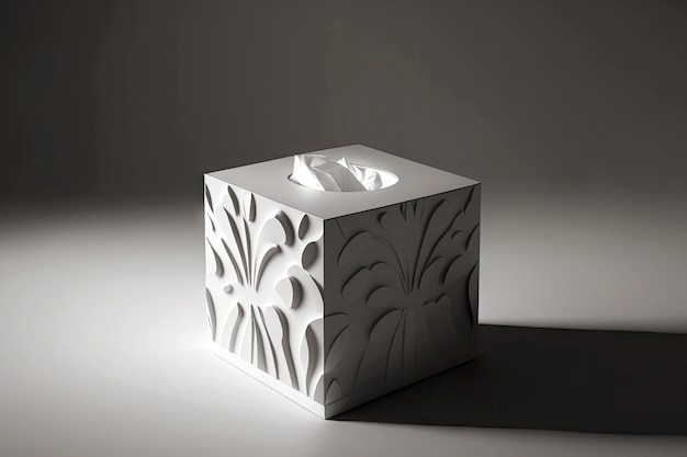 White square tissue box with convex pattern with white napkin on gray background