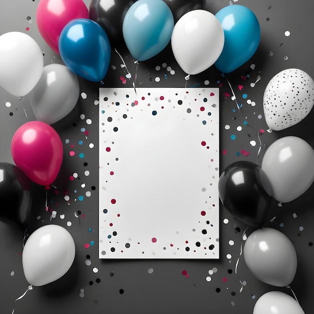 a white square with colorful balloons and confetti on it