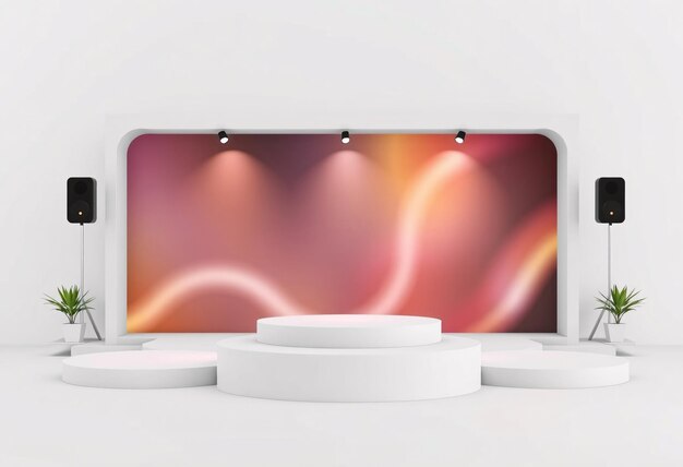 Photo white stage with round podiums red abstract background and spotlights