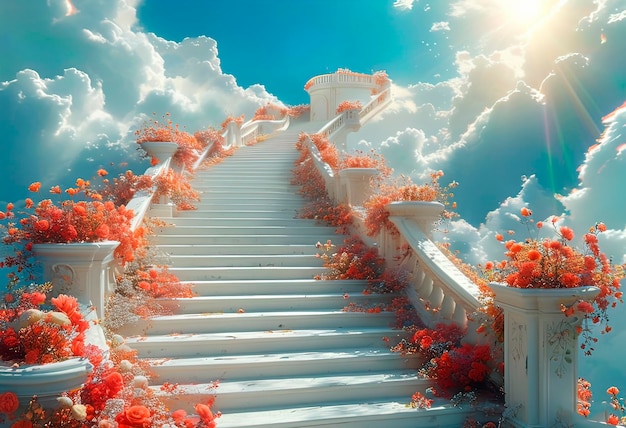 Photo white staircase reaching the sky and leading to the gates of heaven entrance to paradise