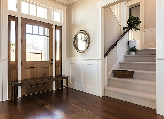 a white staircase with a round mirror on the wall