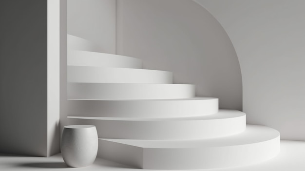 A white staircase with a vase on it and a white vase on the bottom.