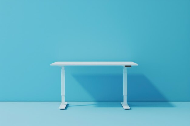 White Standing Desk Against Blue Wall