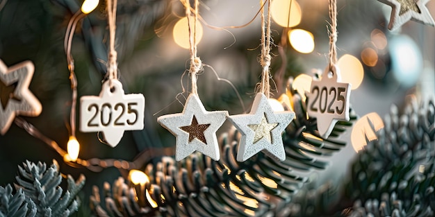 Photo white star christmas decorations with 2025 number tags