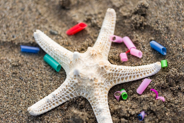 Photo white starfish on sand with plastic