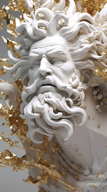 A white statue of a bearded man with gold leaves around his head.