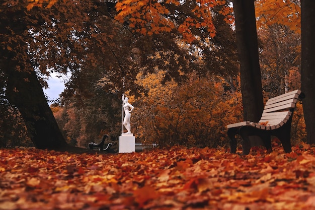 White statue of a girl with a paddle and a bench in a dark autumn park many leaves on the ground