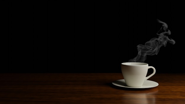 White steam over a white coffee cup on brown wooden table 3D Rendering