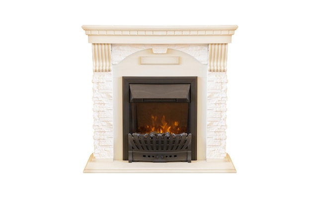 White stone fireplace with fire isolated on white background