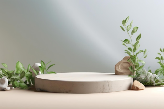 White stone podium platform with plants