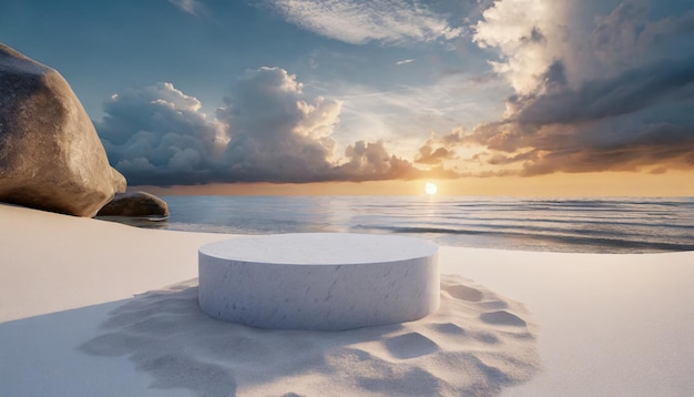 White stone podium with beach background Minimal scene podium for product presentation or advertising