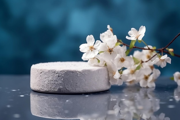 A white stone sits on a table with a branch of cherry blossoms on it.