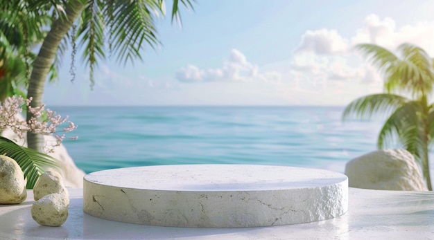 White stone tropical beach podium scene with summer sea background product display stage mockup 3d