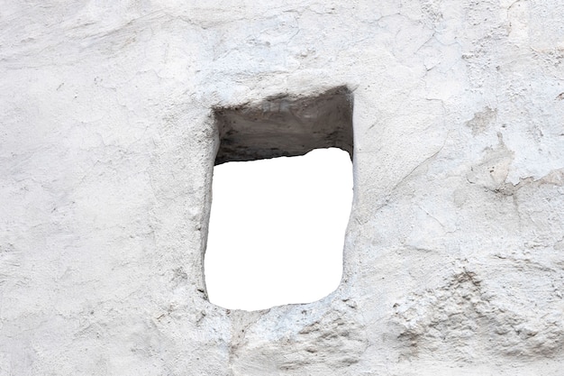 White stone wall with a hole in the middle. isolated on white background. window in the wall. High quality photo