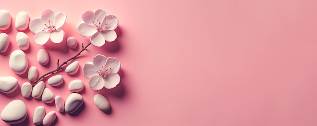 White stones with blossom flowers on pink background Panoramic banner background with copy space