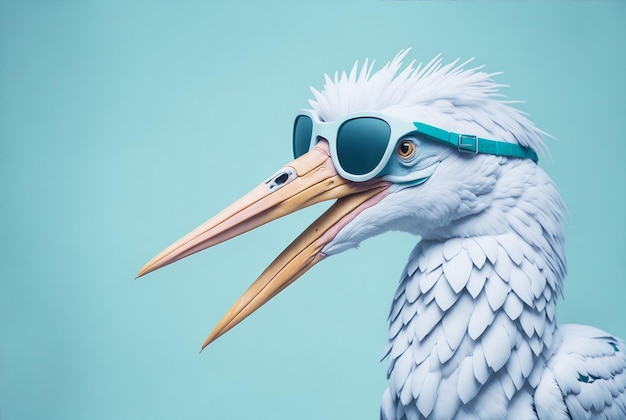 White stork bird in sunglass shade glasses isolated on solid pastel background