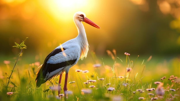 A white stork bird with a long neck stands in a field of tall grass