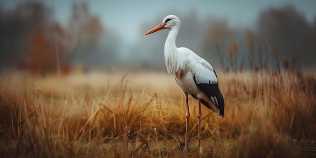 White stork standing alone in a field Concept Wildlife Photography Bird Watching Animal Behavior Natural Habitat Conservation