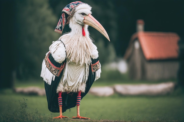 White stork wearing Lithuania national dress Generative AI