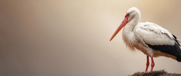 Photo white stork with long orange beak standing in a nest