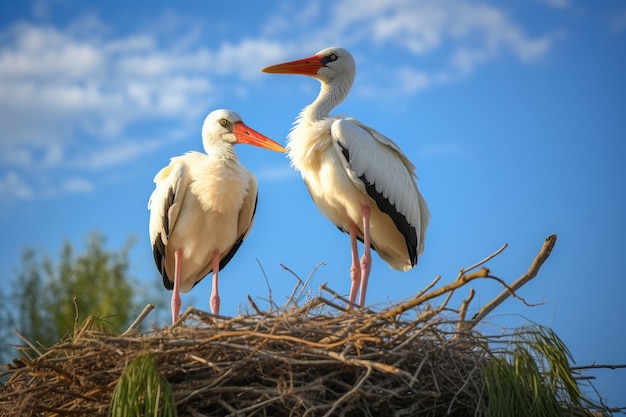 White Storks Standing on Nest