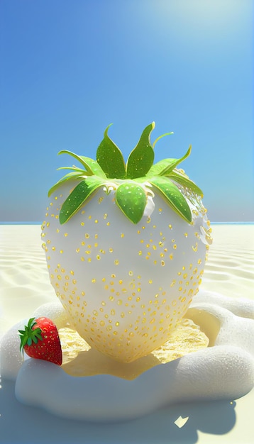 A white strawberry with a green top sits on a sandy beach.