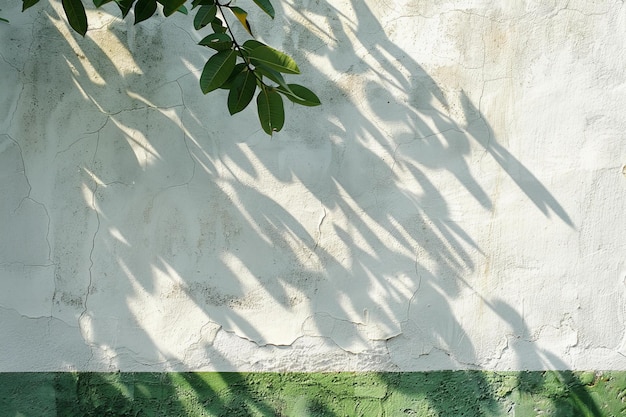 White stucco wall with green stripes shadows from plants closeup