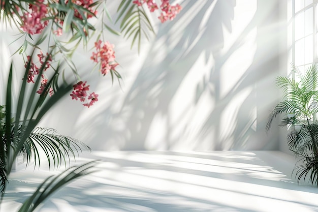 White studio background with window shadows flowers palm leaves