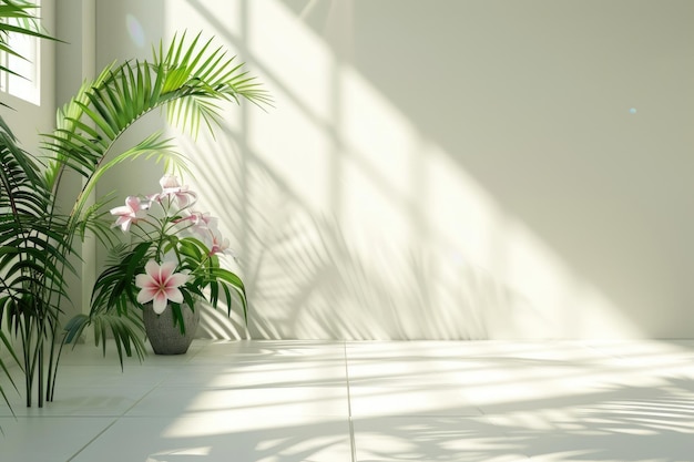 White studio background with window shadows flowers palm leaves