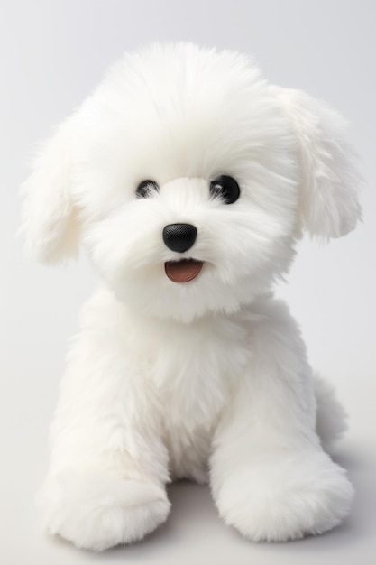 A white stuffed dog is sitting on a white background