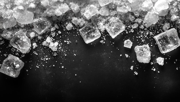 Photo white sugar crystals on black background