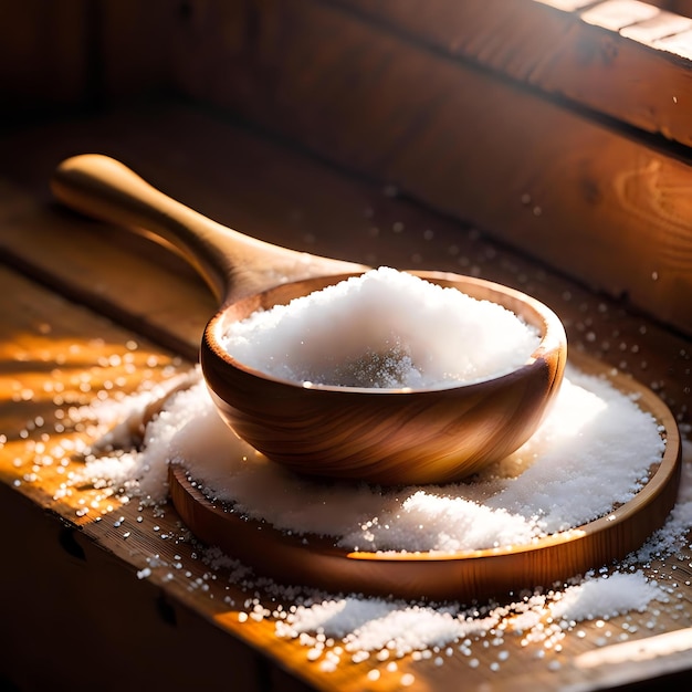 White Sugar Heap on a Wooden Crate Closeup