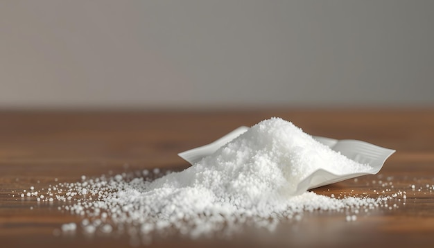 white sugar in a paper packet on table isolated with white highlights