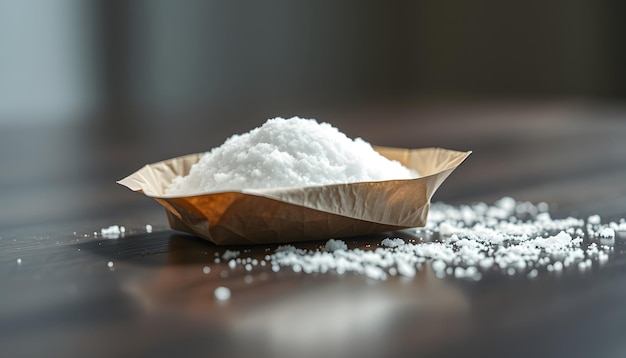 white sugar in a paper packet on table isolated with white highlights