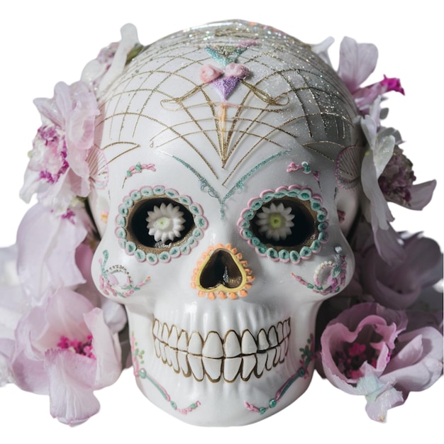 Photo white sugar skull with pastel decorations and glitter isolated on white background