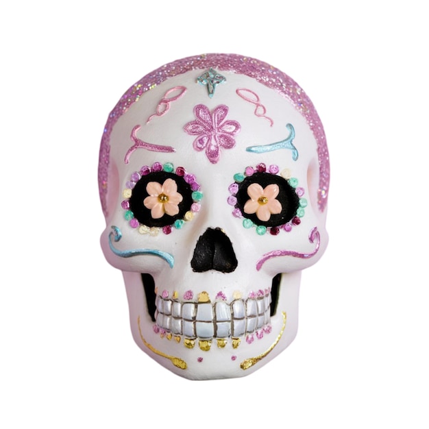 Photo white sugar skull with pastel decorations and glitter isolated on white background