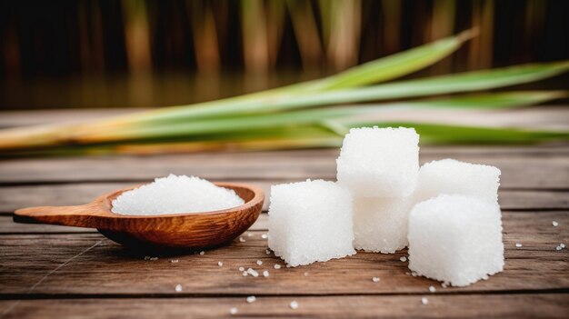 White sugar and sugar cane on wooden table