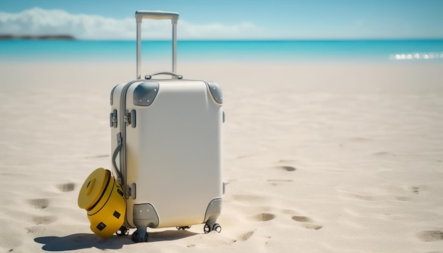 A white suitcase ready for your tropical vacation