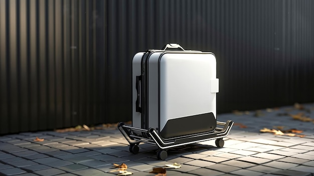 Photo a white suitcase sitting on top of a trolley on a sidewalk