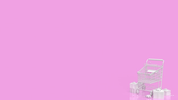 The white supermarket cart and gift box on pink background 3d rendering