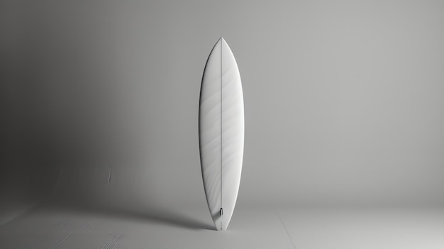 White surfboard on a white background The surfboard is standing upright with the bottom of the board resting on the ground