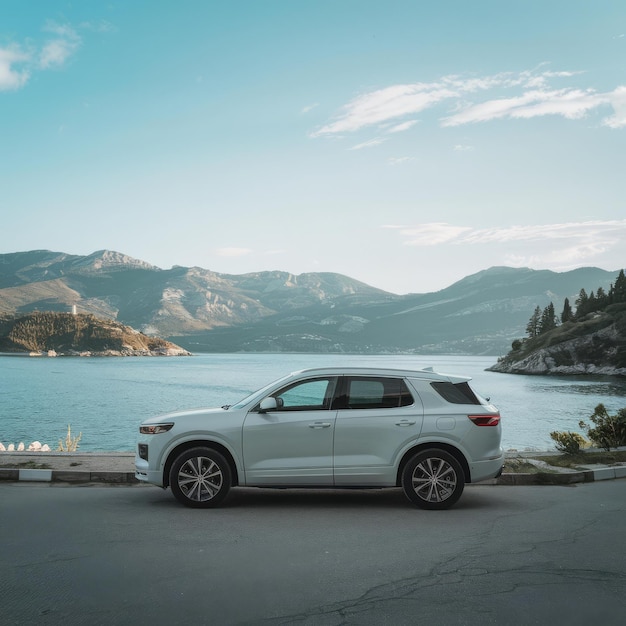 White suv car parked at seaside with beautiful view of bay with mountns road trip